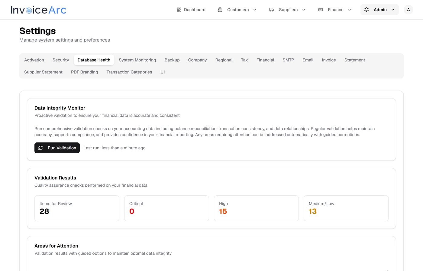 InvoiceArc Data Integrity Monitor showing validation results and quality assurance checks