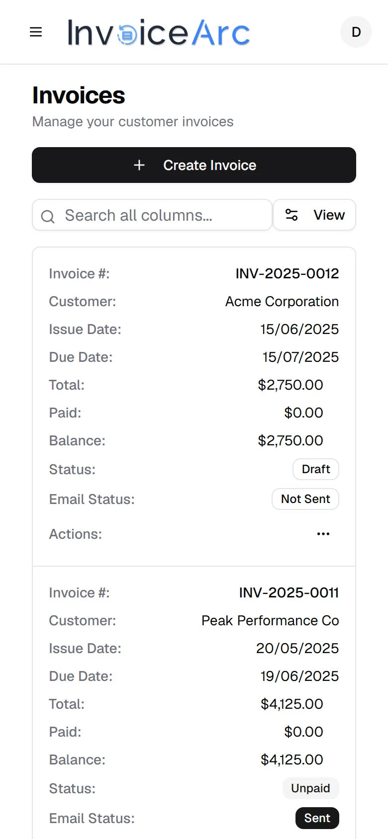 InvoiceArc Mobile Invoices View
