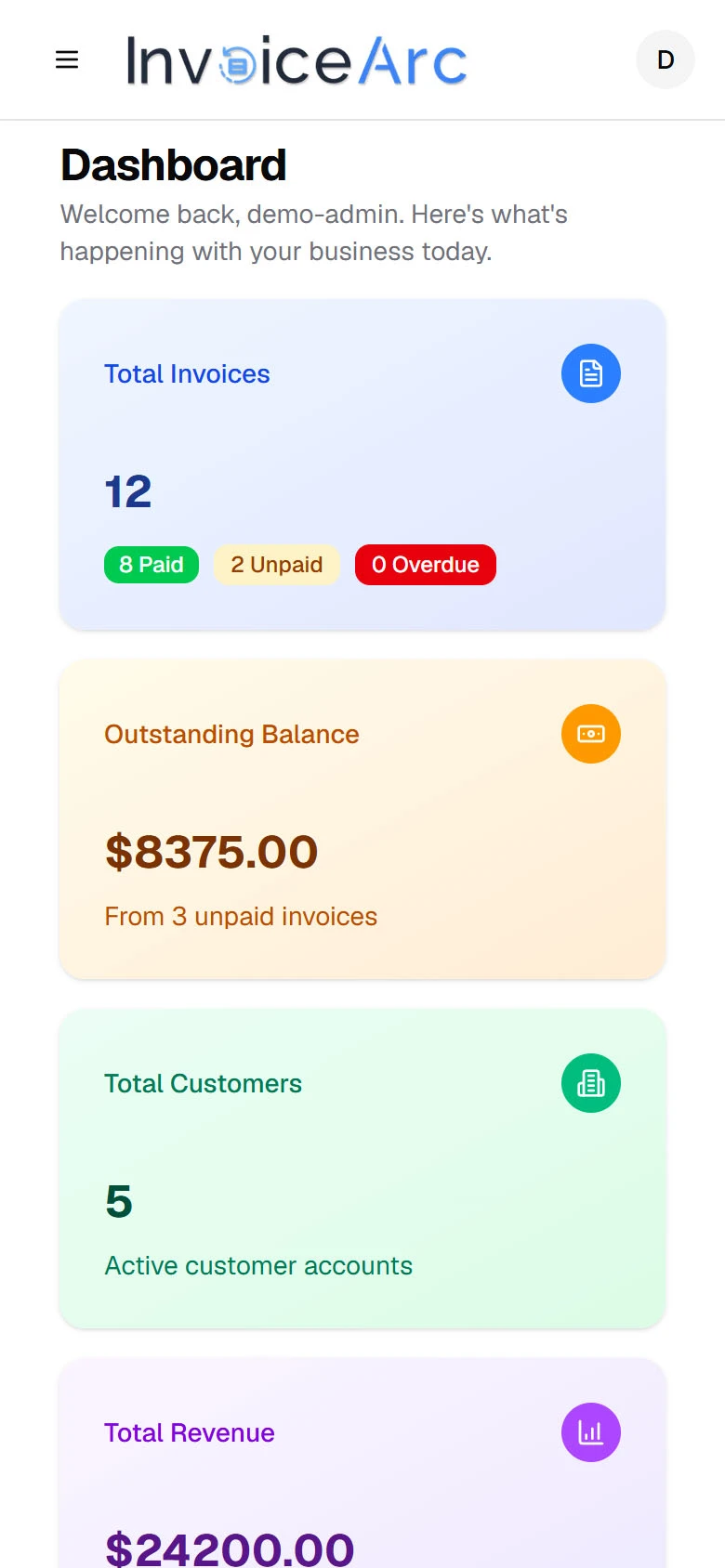 InvoiceArc Mobile Dashboard View