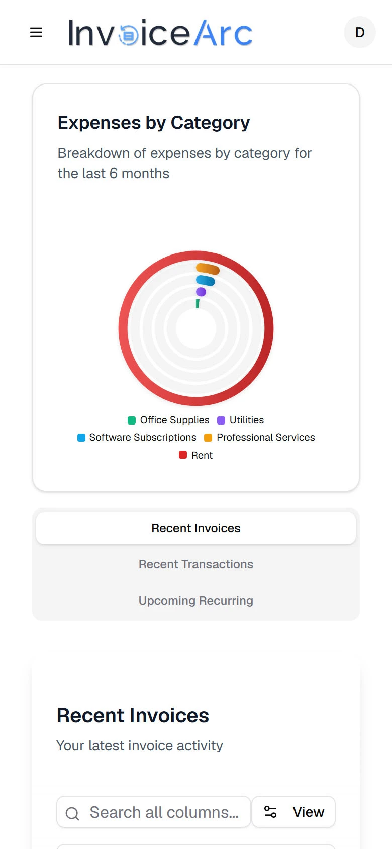 InvoiceArc Mobile Expenses View