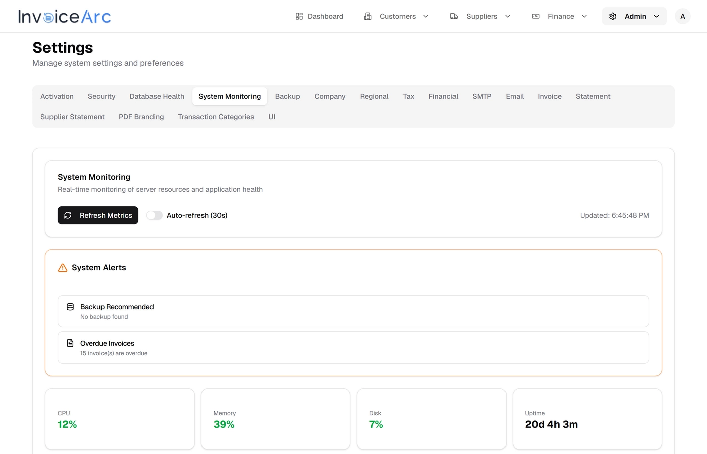 InvoiceArc System Health Dashboard showing server resources, database statistics, and invoice health metrics